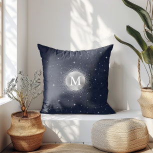 Celestial Crescent Moon Silver Monogram Throw Pillow