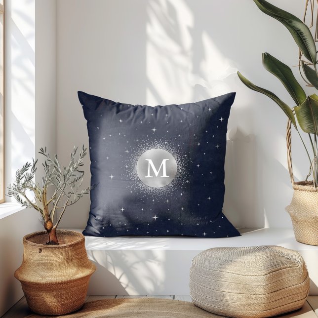 Celestial Crescent Moon Silver Monogram Throw Pillow (Creator Uploaded)