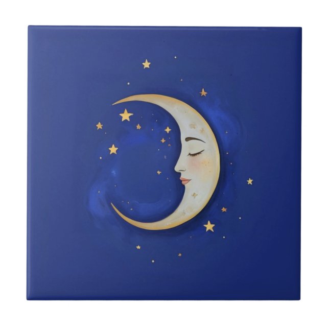 Celestial Crescent Moon with Face Gold Dark Blue Tile (Front)