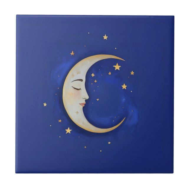 Celestial Crescent Moon with Face Gold Dark Blue Tile (Front)