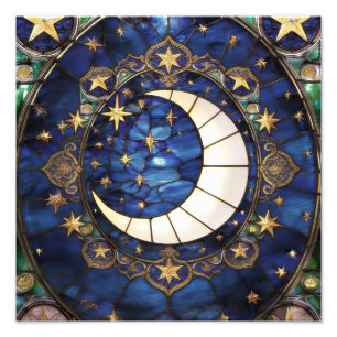 Celestial Crescent Ornate Stained-Glass Moon Photo Print