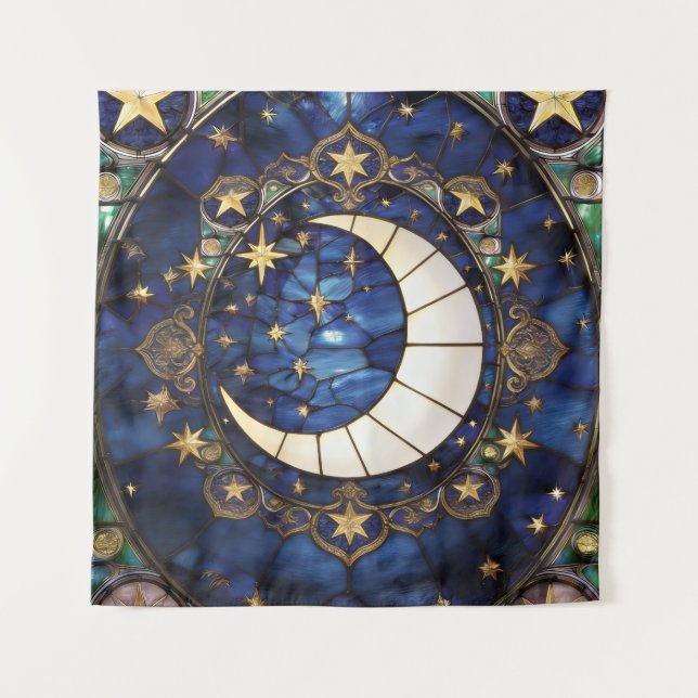 Celestial Crescent Ornate Stained-Glass Moon Tapestry (Front)