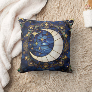 Celestial Crescent Ornate Stained-Glass Moon Throw Pillow