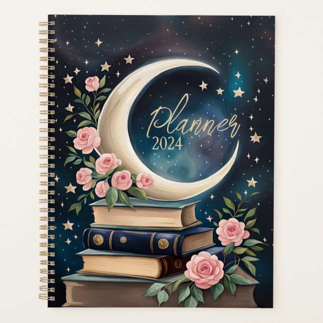 Celestial Cresent Moon with Books and Roses Planner (Front)