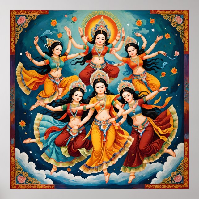 Celestial Dancers Procession - Thangka & Kalamkari Poster (Front)