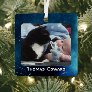 Celestial Deep Blue Outer Space Baby's Birth Metal Ornament