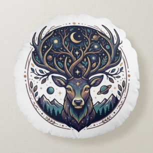 Celestial Deer Mystical Moon & Star Art Stag Round Pillow