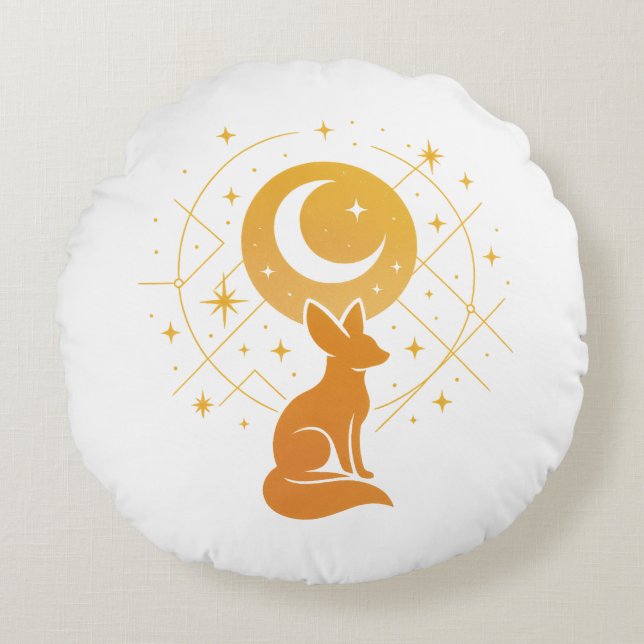 Celestial Desert Fox – Moon and Stars Cosmic  Round Pillow (Front)