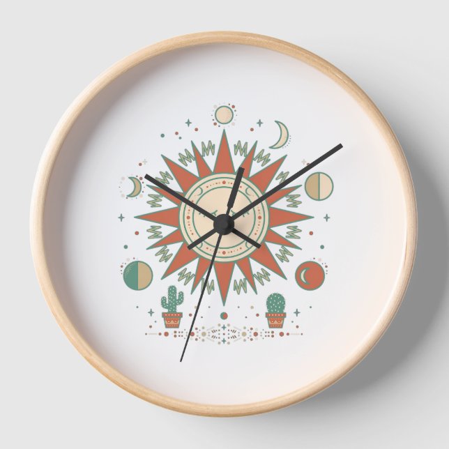Celestial Desert Wall Clock - Sun Moon Planet Cact (Front)