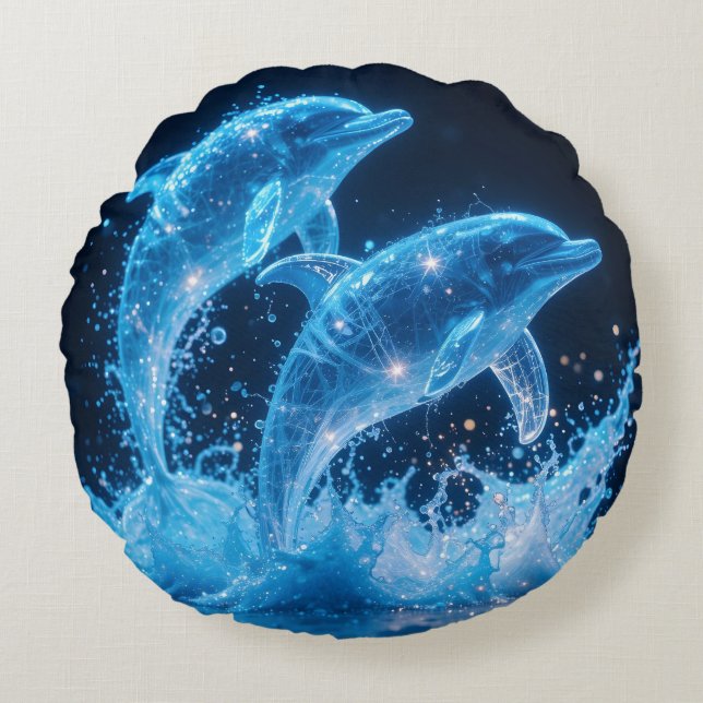Celestial Dolphins: Dance of Light 1 Round Pillow (Front)