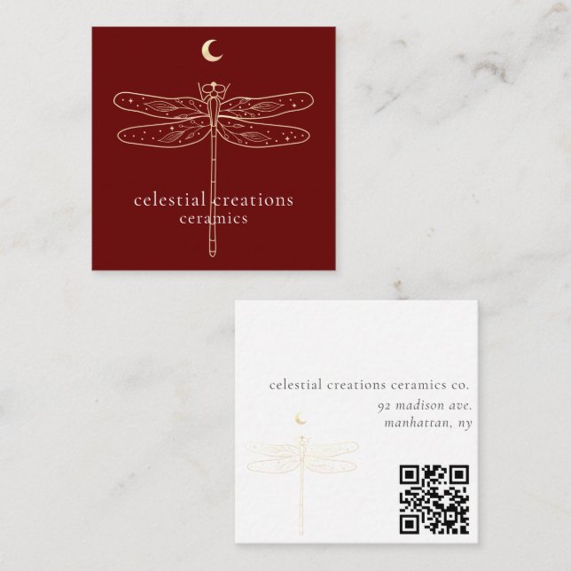 Celestial Dragonfly QR Code Red Square Biz Card (Front/Back)