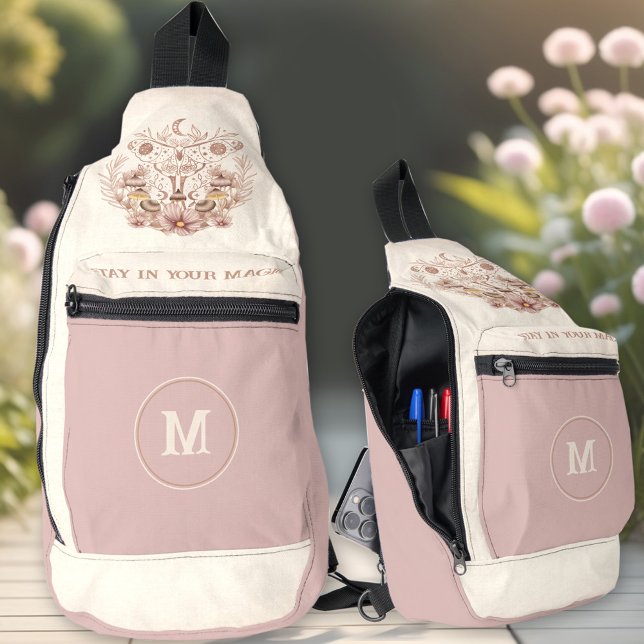 Celestial Dusty Pink Moth Mushrooms Monogram Name Sling Bag (Celestial Dusty Pink Moth Mushrooms Monogram Name Sling Bag)
