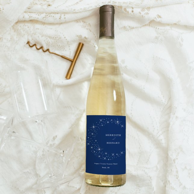 Celestial Elegant Moon Navy Blue Wedding Wine Label (Creator Uploaded)