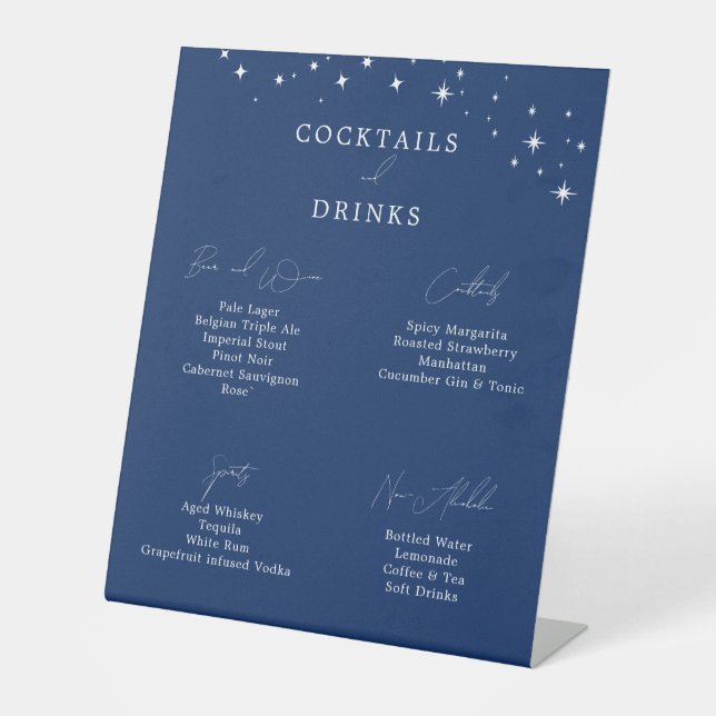 Celestial Elegant Navy Blue Wedding Drinks Bar Pedestal Sign (Front)