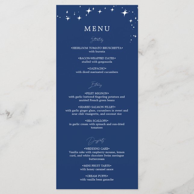Celestial Elegant Navy Blue Wedding Flat Menu (Front)