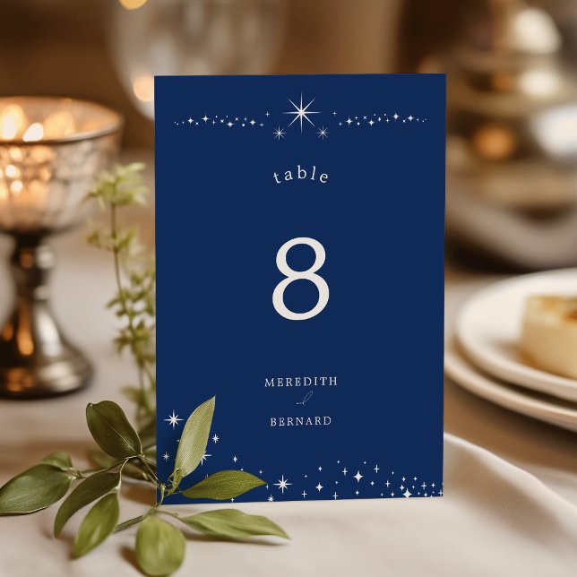 Celestial Elegant Wedding Stars Navy Blue Table Number (Creator Uploaded)