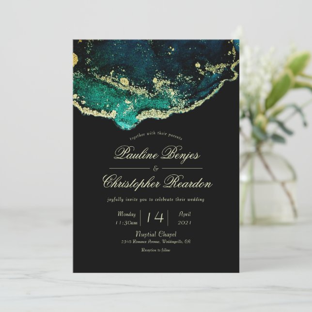Celestial Emerald Black Gold Ink Wash Wedding Invitation (Standing Front)
