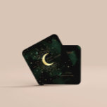 Celestial Emerald Crescent Moon Square Business Card<br><div class="desc">Our ''Dark Golden Moon Business Cards'' collection features watercolor celestial elements in grey, white and gold tones paired with an elegant serif script. Check our store for more items from this collection. Contact us through email or chat if you have any special requests and we will be happy to help....</div>