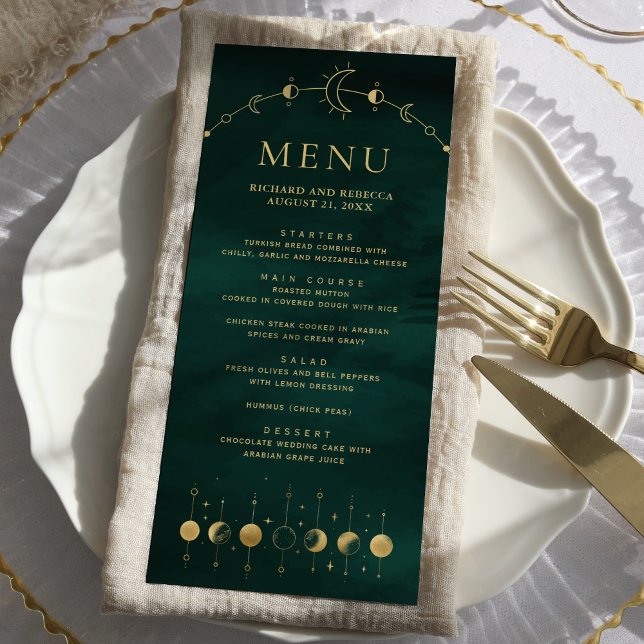 Celestial Emerald Gold Crescent Moon Phase Wedding Menu (Creator Uploaded)