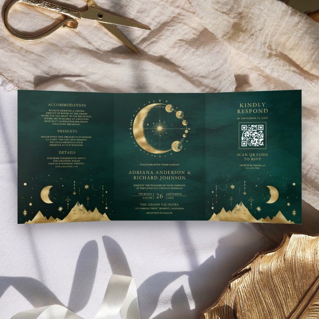 Celestial Emerald Gold Crescent Moon Phase Wedding Tri-Fold Invitation (Creator Uploaded)