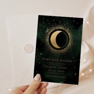 Celestial Emerald Gold Moon Photo Save The Date Invitation