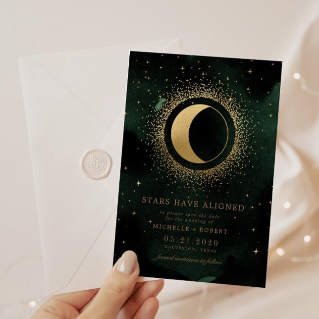 Celestial Emerald Gold Moon Photo Save The Date Invitation (Creator Uploaded)