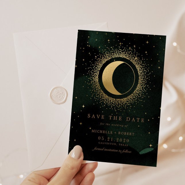 Celestial Emerald Gold Moon Photo Save The Date Invitation (Creator Uploaded)