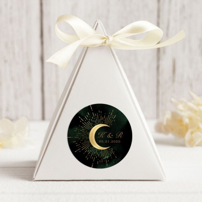 Celestial Emerald Gold Moon Wedding Classic Round Sticker (Creator Uploaded)