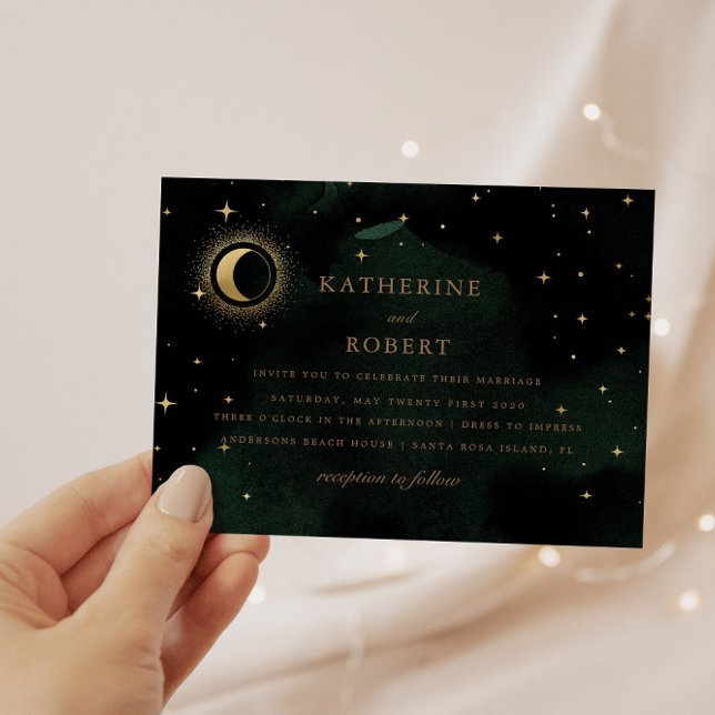 Celestial Emerald Gold Moon Wedding Invitation (Creator Uploaded)