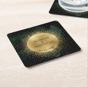 Celestial Emerald Gold Moon Wedding Square Paper Coaster