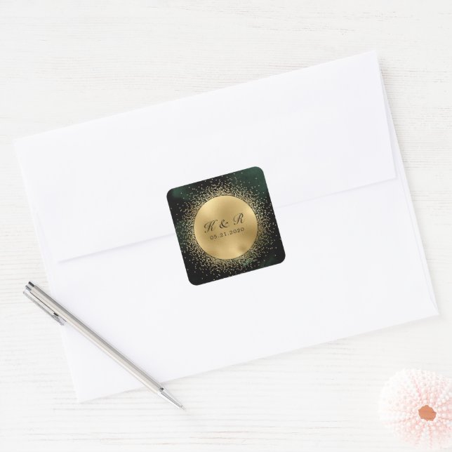Celestial Emerald Gold Moon Wedding  Square Sticker (Envelope)