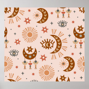 Celestial eye, moon, sun pattern. poster