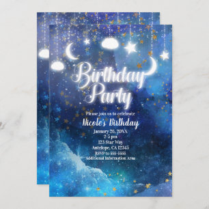 Celestial Fantasy Gold Stars & Glow Birthday Party Invitation
