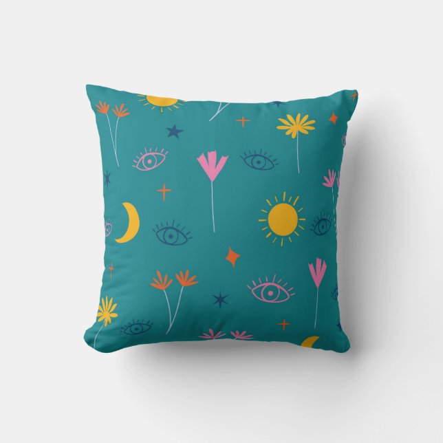 Celestial Flora and Eye Pattern Throw Pillow (Front)