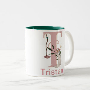 Celestial Floral Custom Name Letter T Monogram on  Two-Tone Coffee Mug