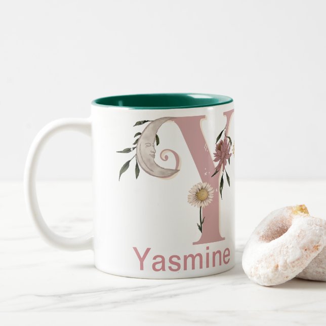 Celestial Floral Custom Name Letter Y Monogram on  Two-Tone Coffee Mug (With Donut)