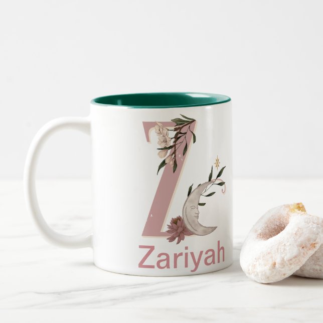 Celestial Floral Custom Name Letter Z Monogram on  Two-Tone Coffee Mug (With Donut)