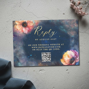 Celestial Floral Galaxy Midnight Blue Wedding QR RSVP Card