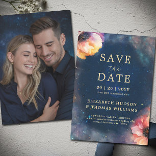 Celestial Floral Galaxy Starry Night Blue Wedding  Save The Date