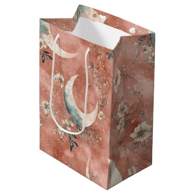 Celestial Floral Pattern Muted Terracotta Medium Gift Bag (Front Angled)