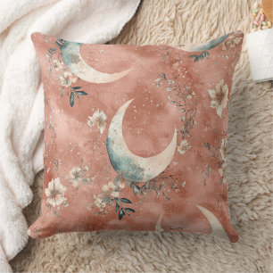 Celestial Floral Pattern Muted Terracotta Throw Pillow