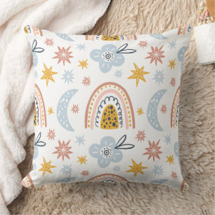 Celestial Floral & Rainbow Pattern Throw Pillow