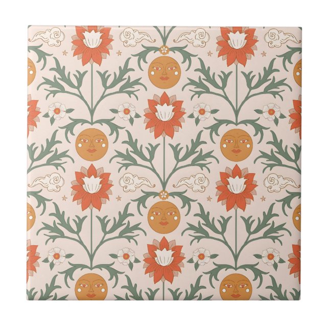 Celestial Floral Sunburst Seamless Pattern Design Tile (Front)