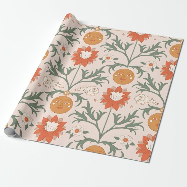 Celestial Floral Sunburst Seamless Pattern Design Wrapping Paper (Unrolled)