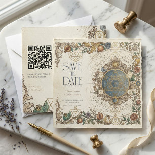 Celestial Floral Vintage Wedding QR Save The Date Invitation
