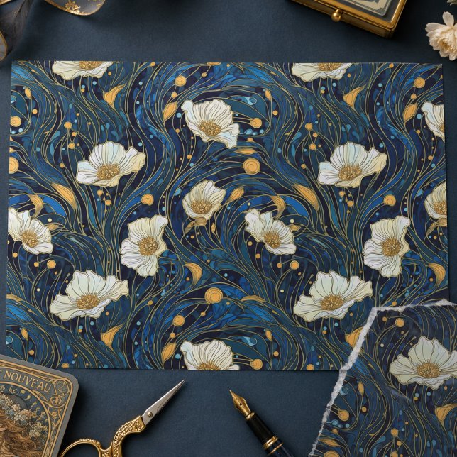 Celestial Florals Cream and Gold on Navy Tissue Paper (Creator Uploaded)