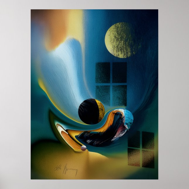 Celestial Fluid Dreams Poster - Gold Blue Surreal (Front)