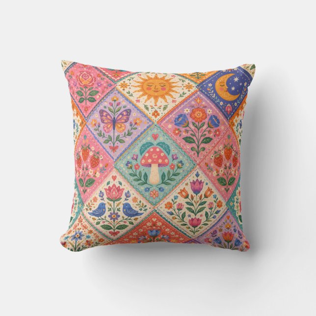 Celestial Folklore Patchwork Mushroom Sun Moon Thr Throw Pillow (Front)