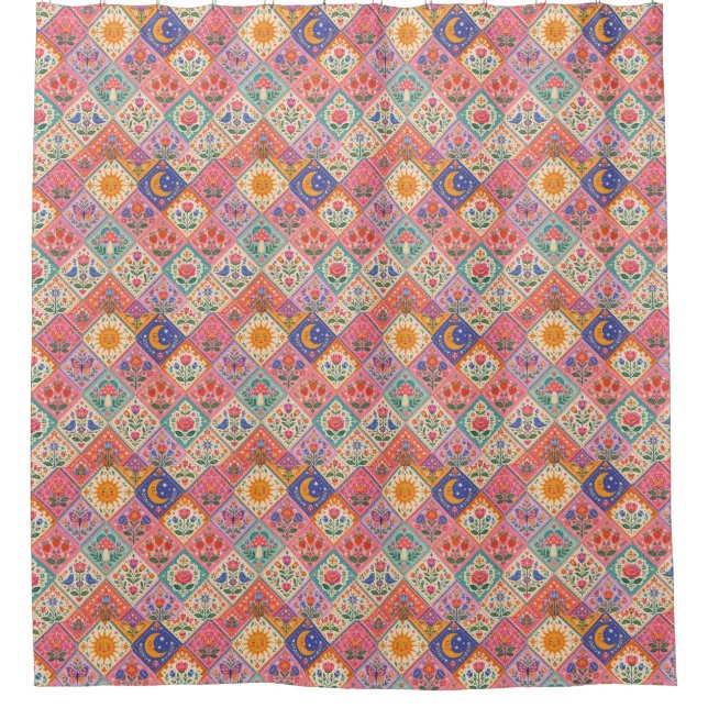 Celestial Folklore Patchwork Shower Curtain – Whim (Front)