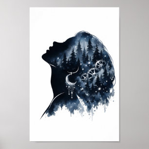 Celestial Forest Woman Silhouette Watercolor Art Poster